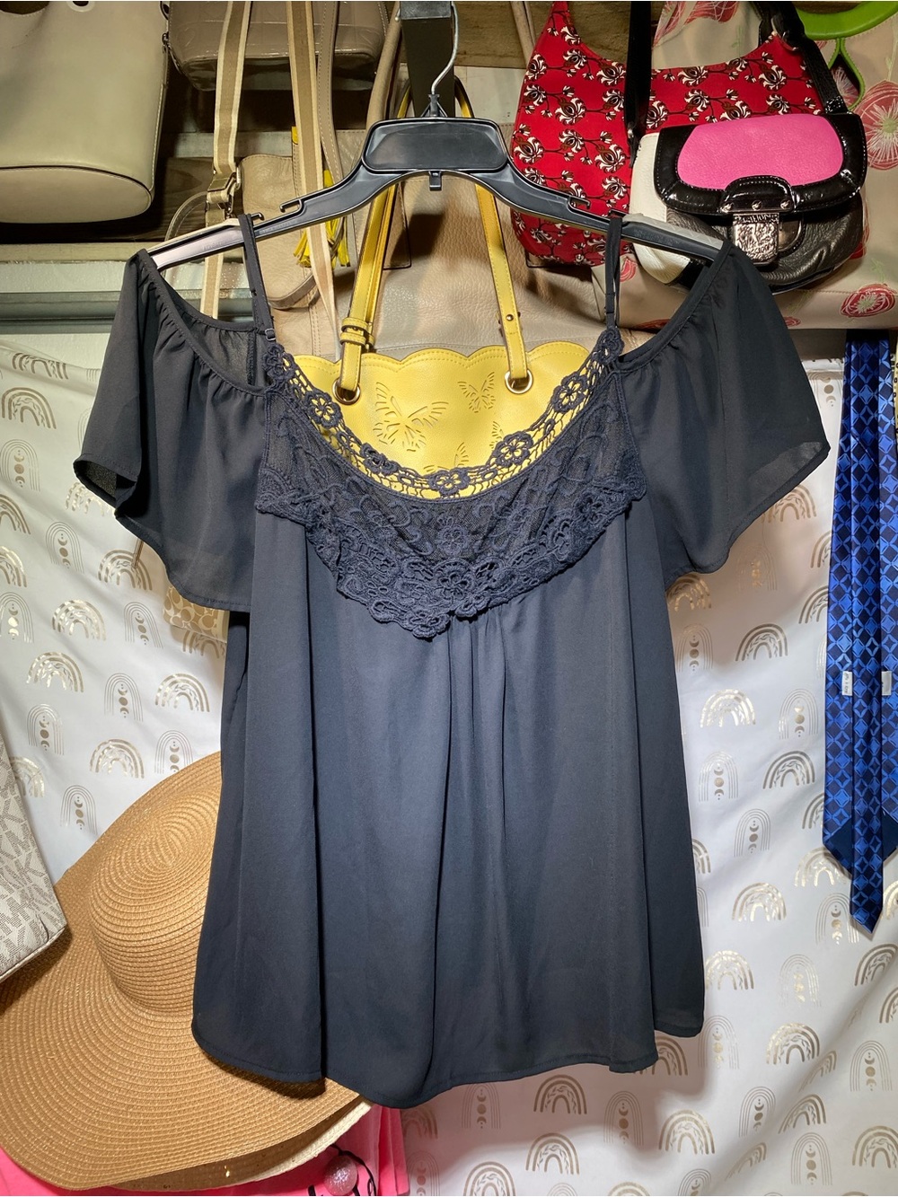 Decree Black Lace-Trim Cold Shoulder Top